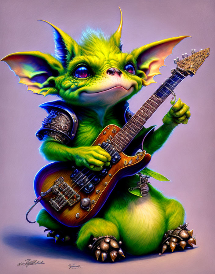 Whimsical green creature in armor with electric guitar pose