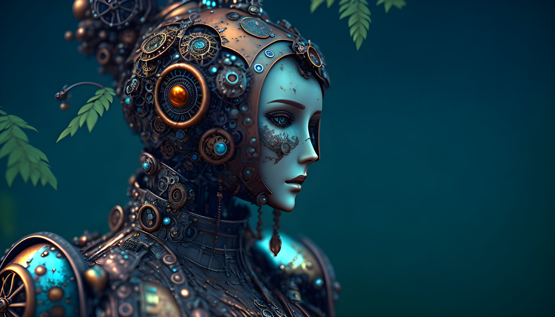 Female Android with Intricate Metallic Gears and Ornate Designs Amid Foliage