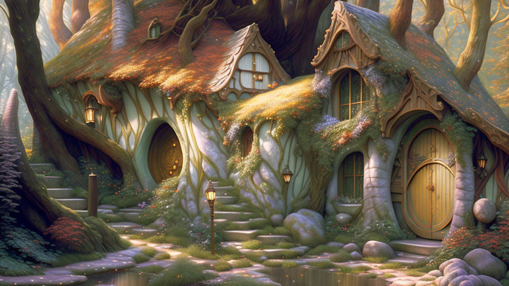 Mystical forest cottages with glowing windows and whimsical paths