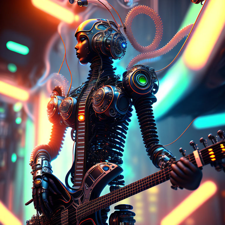 Intricate futuristic female robot in neon-lit cybernetic setting