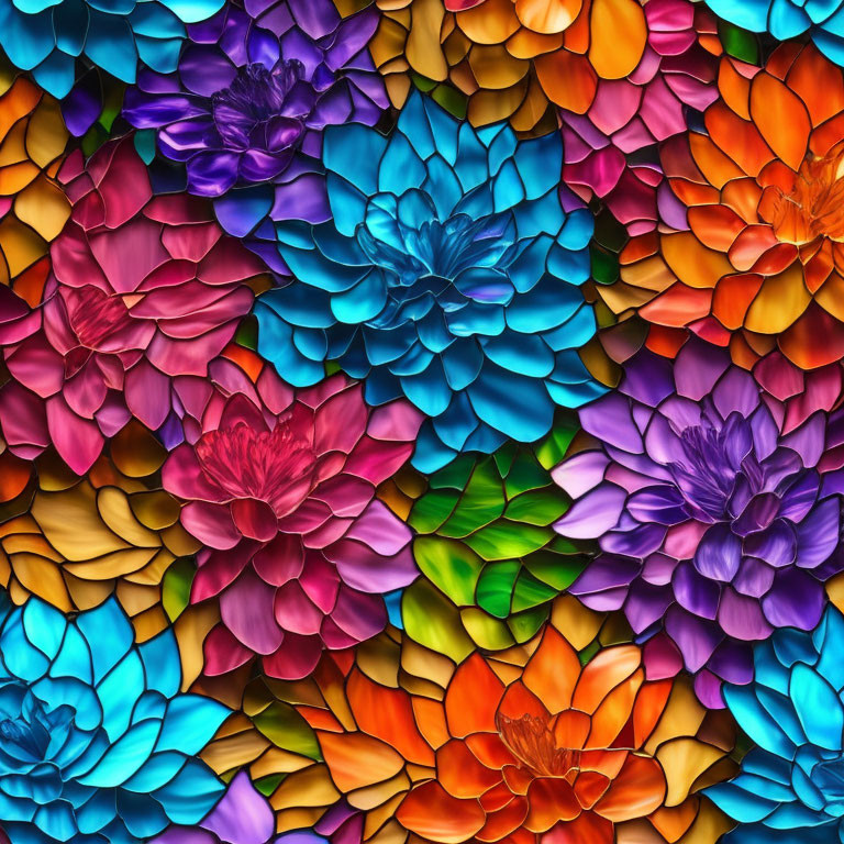 Multicolored flower mosaic with blue, orange, and purple hues