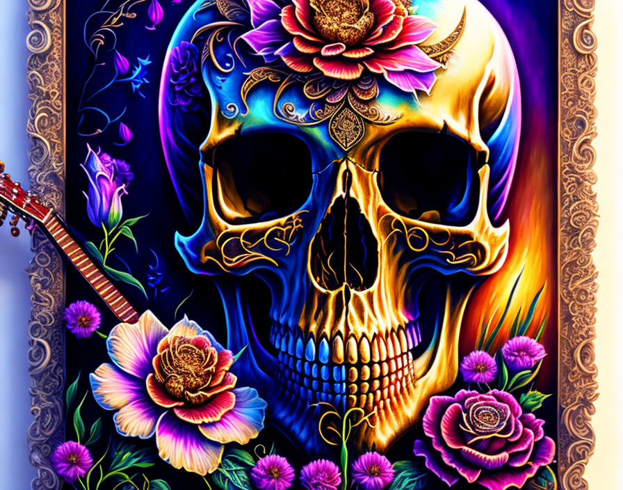 Colorful Day of the Dead skull with floral decorations and guitar illustration