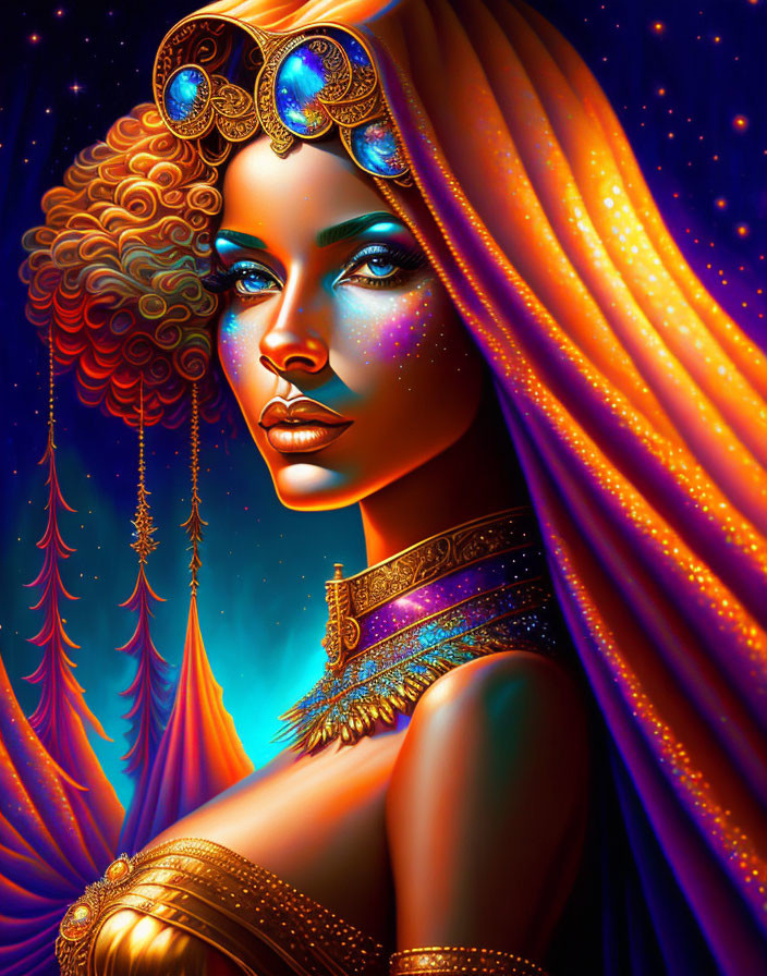 Colorful digital portrait of woman with curly hair and gold accessories on cosmic background.