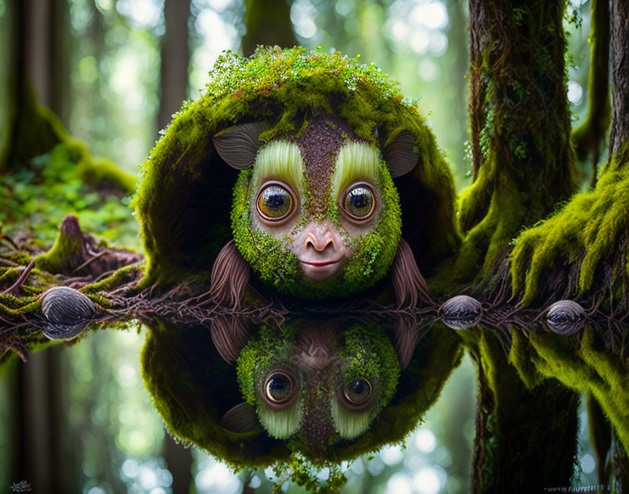 Moss-Covered Creature with Green Eyes in Tree Hollow