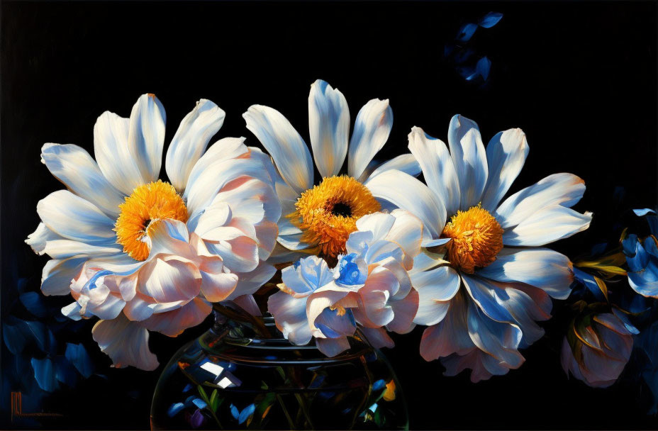 Three white and blue flowers in yellow centers in a glass vase on a dark background.