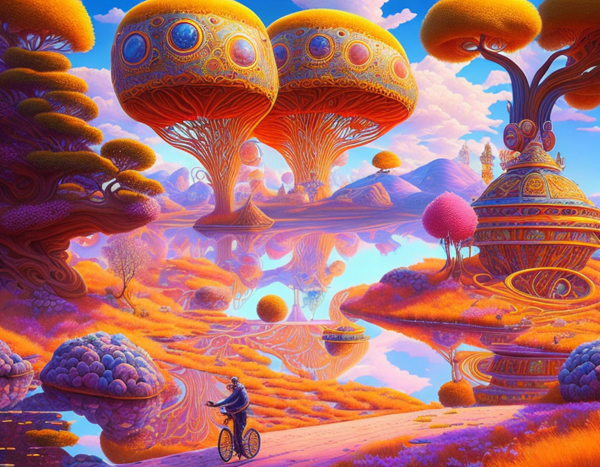 Colorful fantasy landscape with mushroom structures and character on unicycle