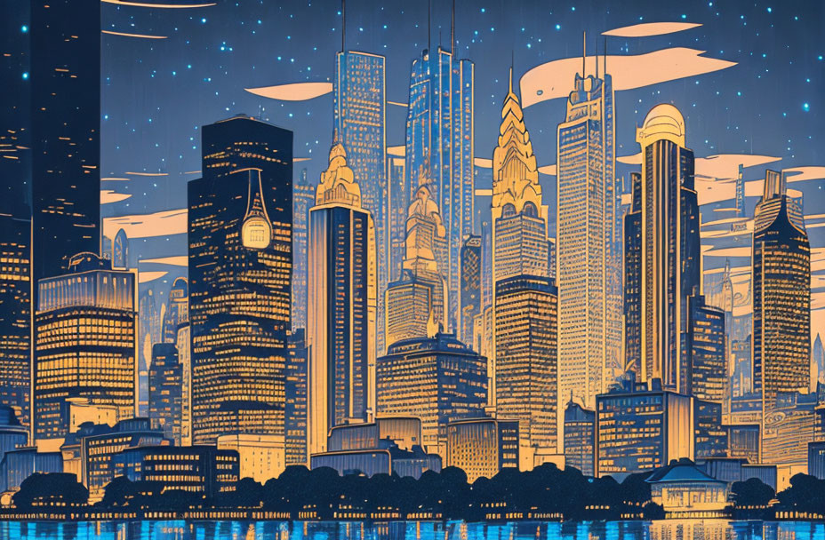 Nighttime cityscape illustration with skyscrapers, starry sky, and flying vehicles in blue and