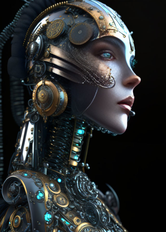 Female Android Profile with Gold and Silver Mechanical Details