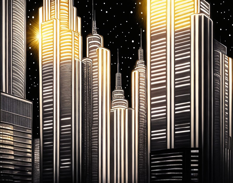 Illuminated Cityscape Night Skyline with Stylized Skyscrapers