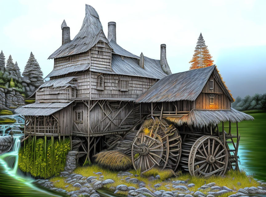 Detailed rustic watermill illustration in serene rocky landscape