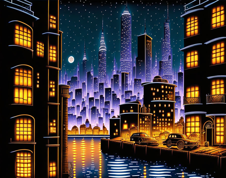 Nighttime cityscape with illuminated buildings, stars, crescent moon, and water reflections