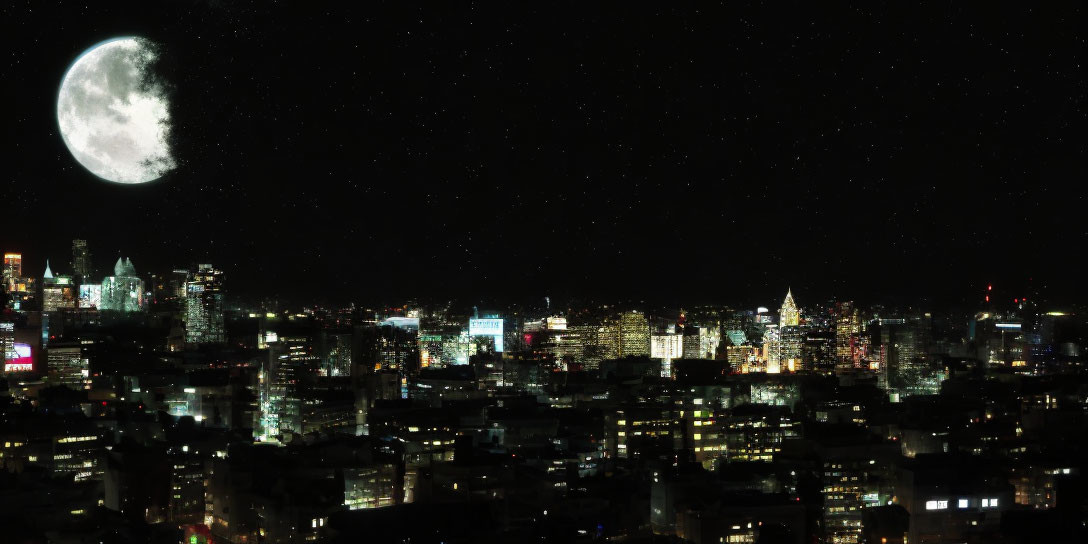 Bright full moon and stars over urban cityscape at night with dense buildings and skyscrapers