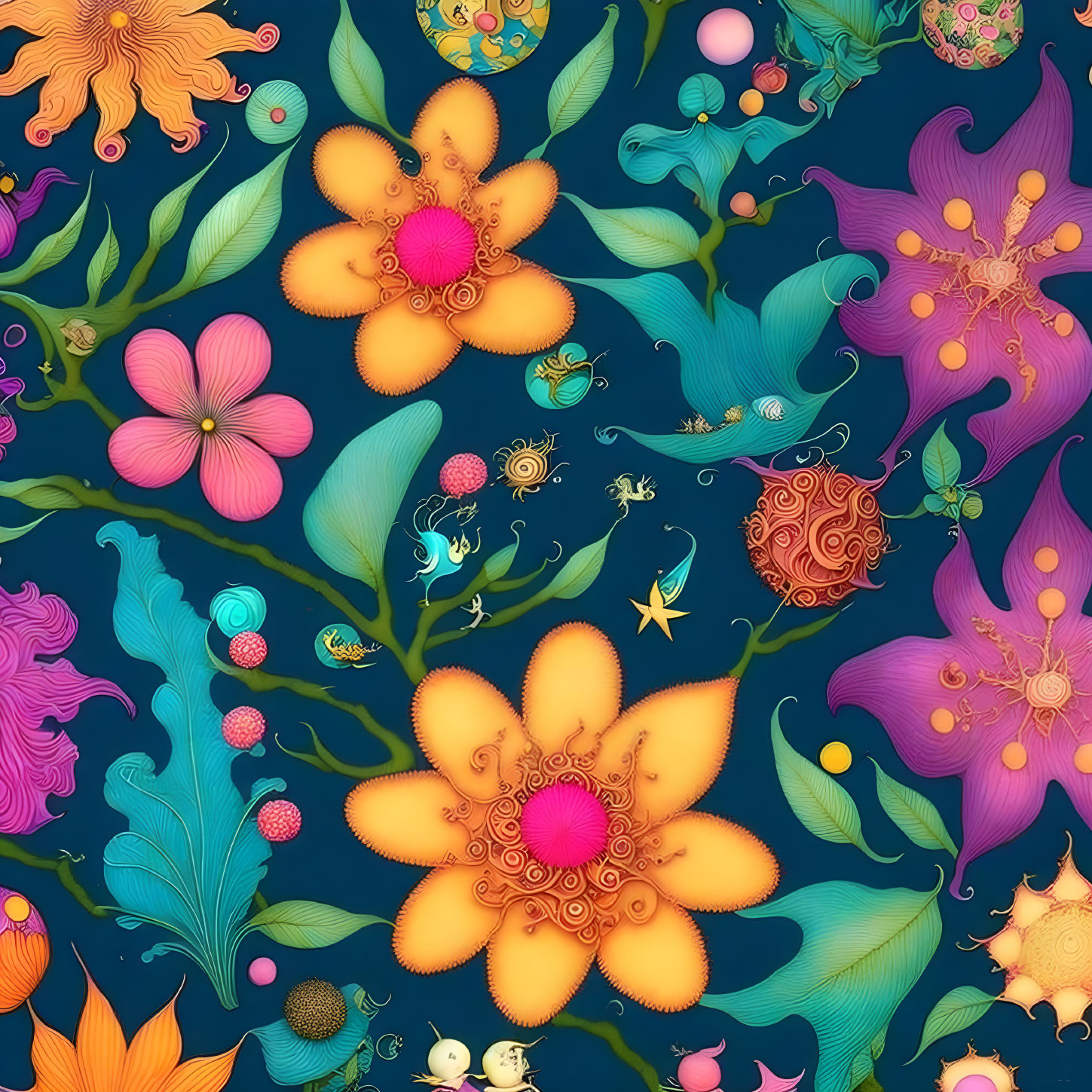 Whimsical flowers and sea creatures in vibrant digital art