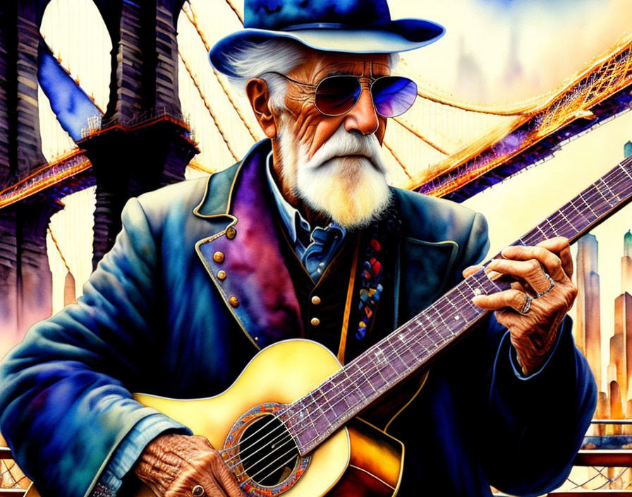 Elderly man with white beard playing guitar in cityscape.