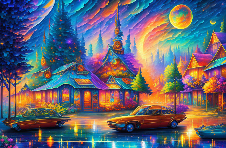 Colorful village painting with whimsical architecture, classic cars, and starry sky