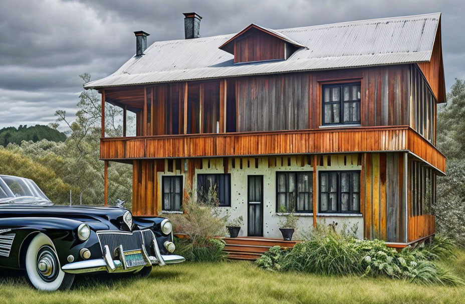 Two-story metal house with wooden accents and classic black car in green setting