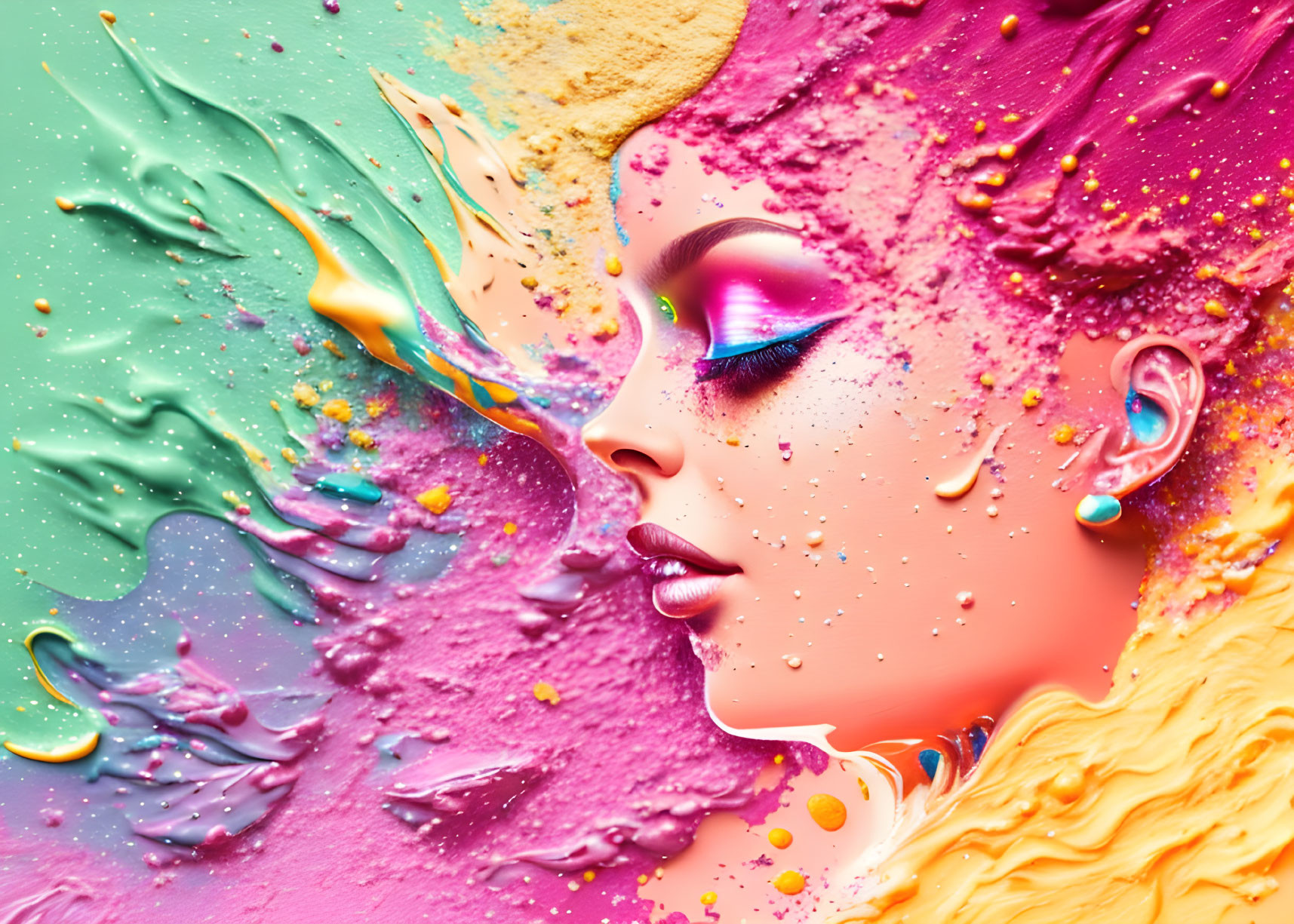 Colorful woman's profile with neon pink, yellow, and teal splashes.