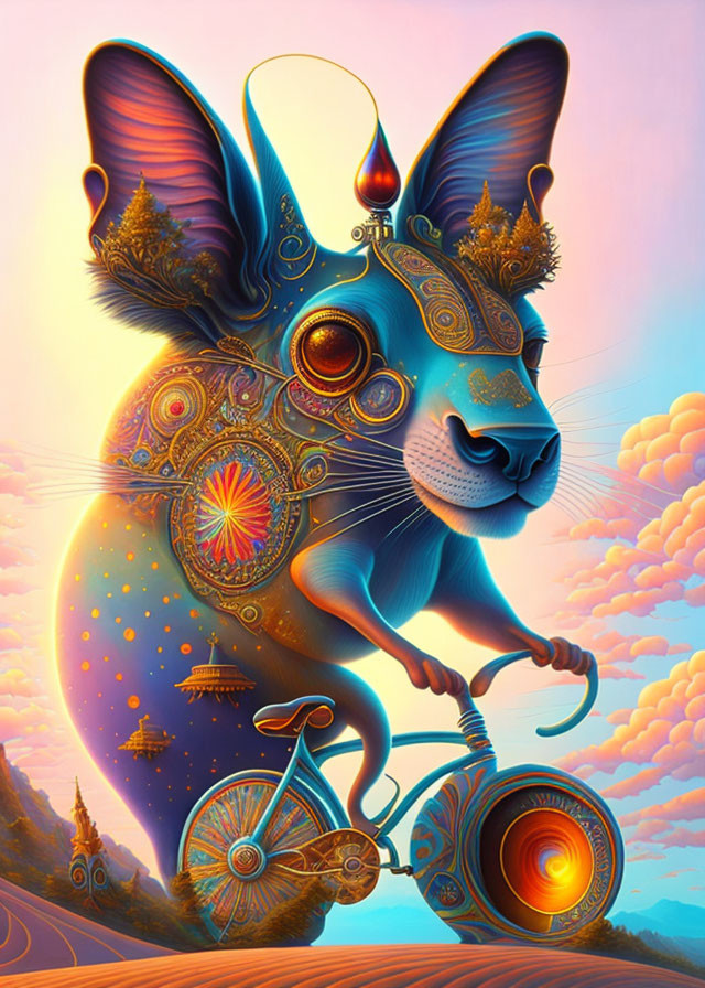 Colorful anthropomorphic cat on bicycle in cosmic sunset landscape