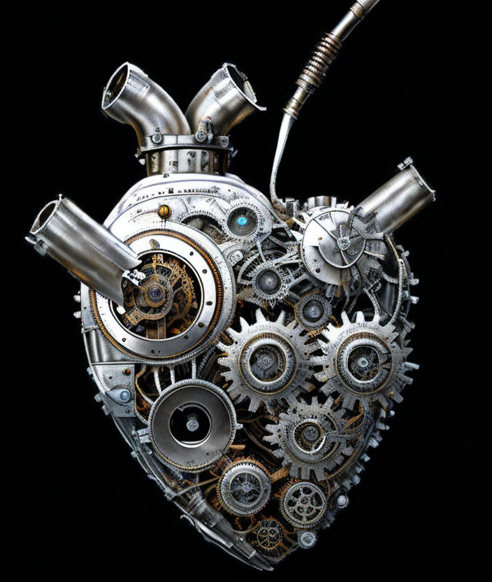 Steampunk-style metallic heart with gears and cogs on black background