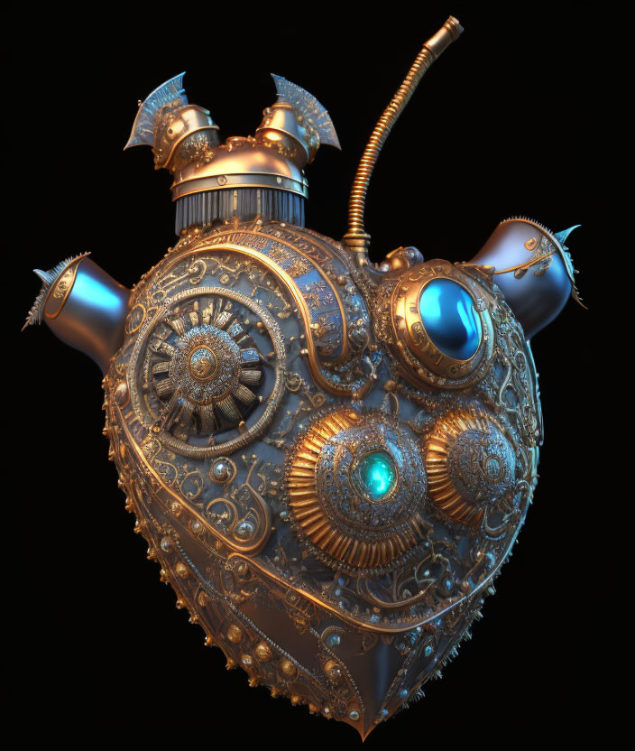 Steampunk-style heart with metal details and glowing blue elements