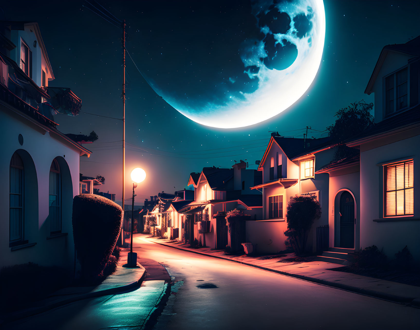 Suburban street at night with crescent moon and starlit sky