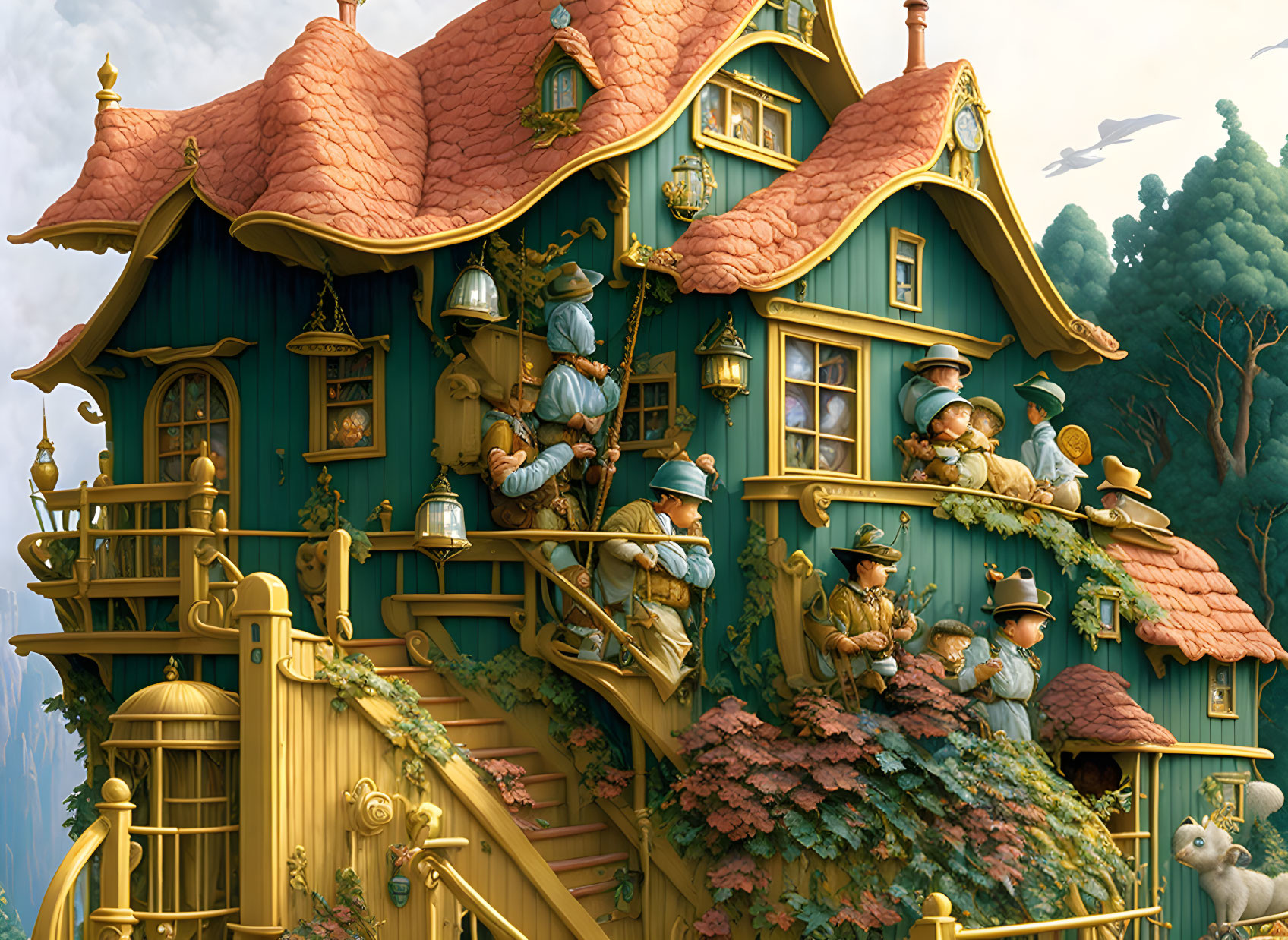Whimsical green and gold house with anthropomorphic animals in vintage clothing