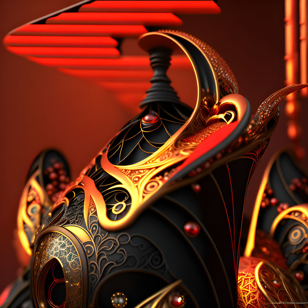 Black and Gold Samurai Helmet with Intricate Designs and Glowing Red Structure