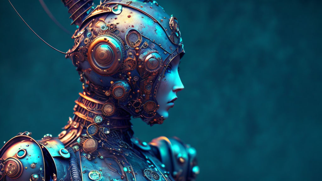 Detailed humanoid robot profile on teal background