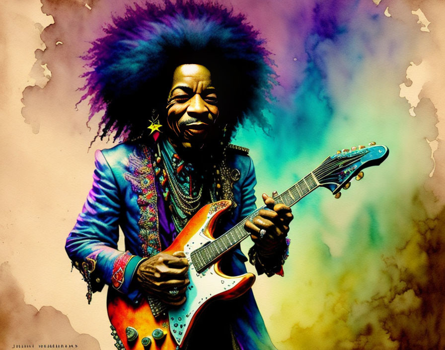 Colorful smiling guitarist with afro and psychedelic guitar on paint-splattered backdrop