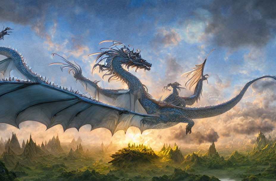 Majestic dragon flying over lush green landscape