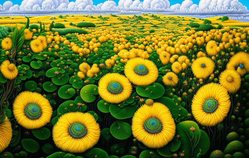 Colorful Stylized Sunflower Field Under Whimsical Sky