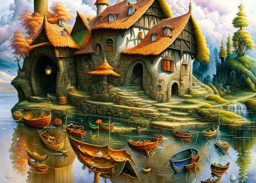 Whimsical stone cottage by serene lake in idyllic fantasy scene