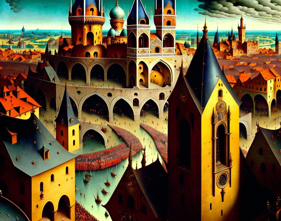 Detailed medieval cityscape painting with ornate towers and gothic architecture.