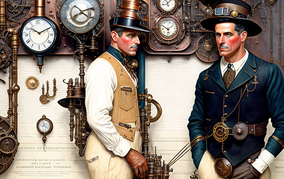 Men in steampunk attire with top hats and vintage timepieces