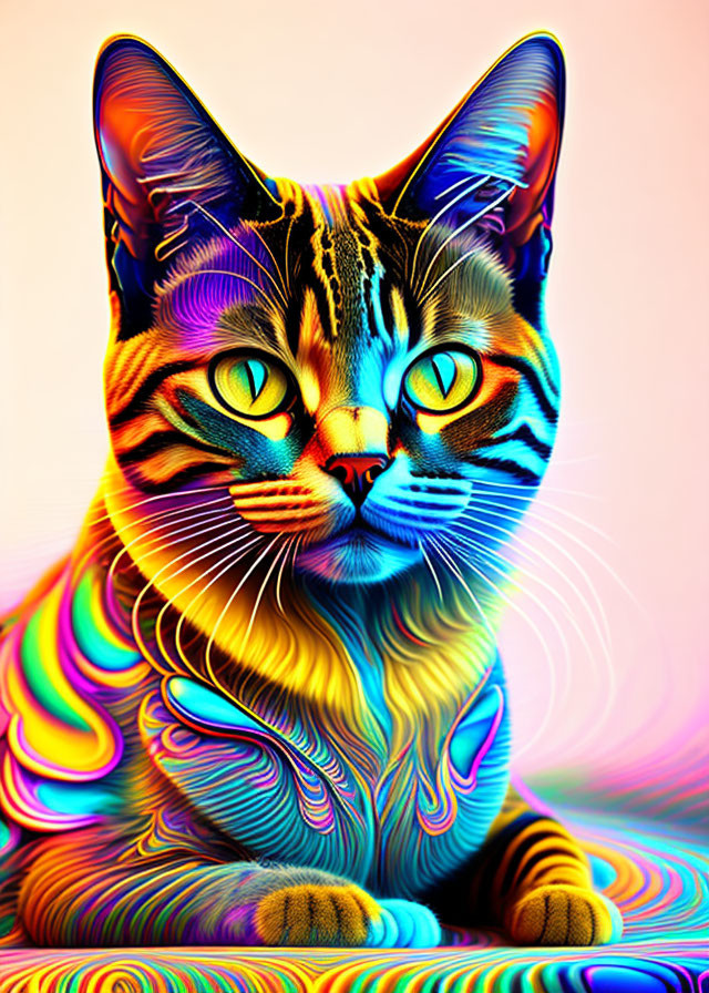 Colorful Psychedelic Cat Illustration with Swirling Patterns