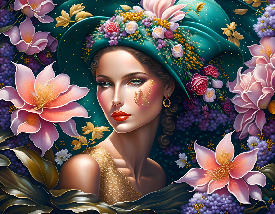 Woman with Floral Headwear and Golden Accents Surrounded by Vibrant Flowers