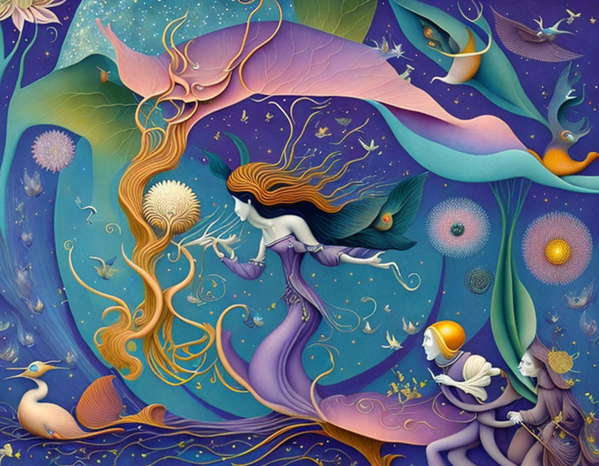 Colorful whimsical underwater illustration with human-like figures and marine creatures.