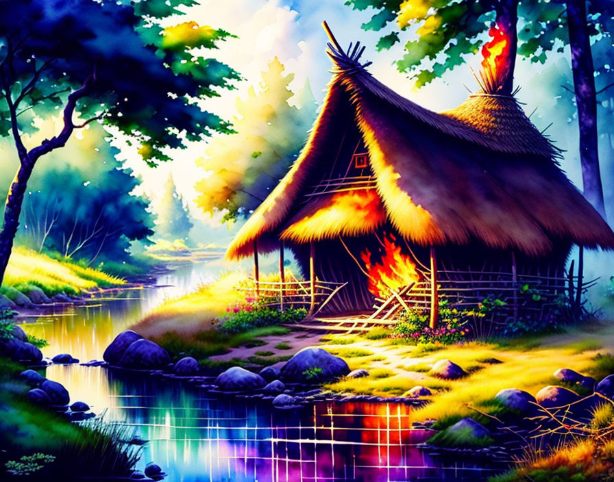 Scenic painting: Thatched-roof hut by river with lush surroundings