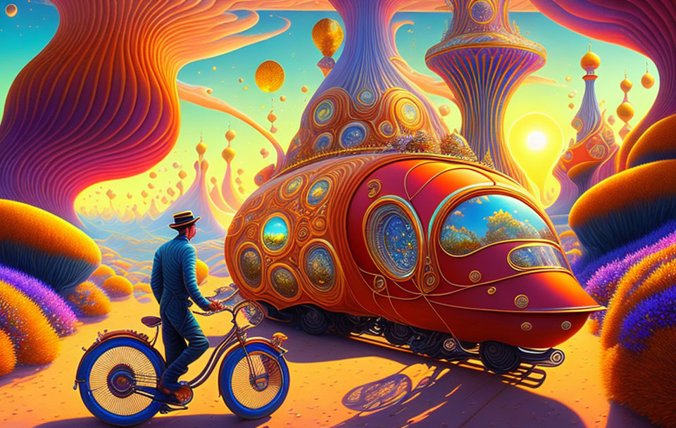 Person walking with bike in whimsical, colorful landscape with snail-shaped house and fantastical trees under