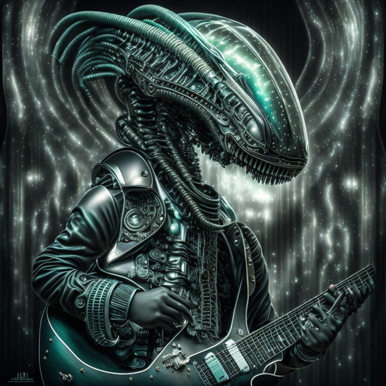 Cybernetic alien playing electric guitar in space