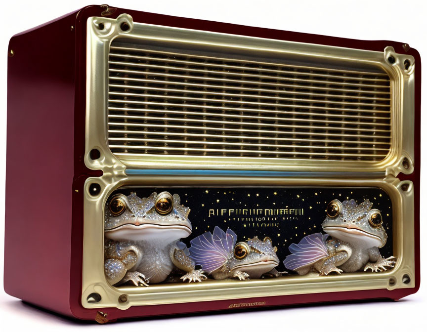 Vintage-Style Radio with Red and Gold Design and Frog Illustration