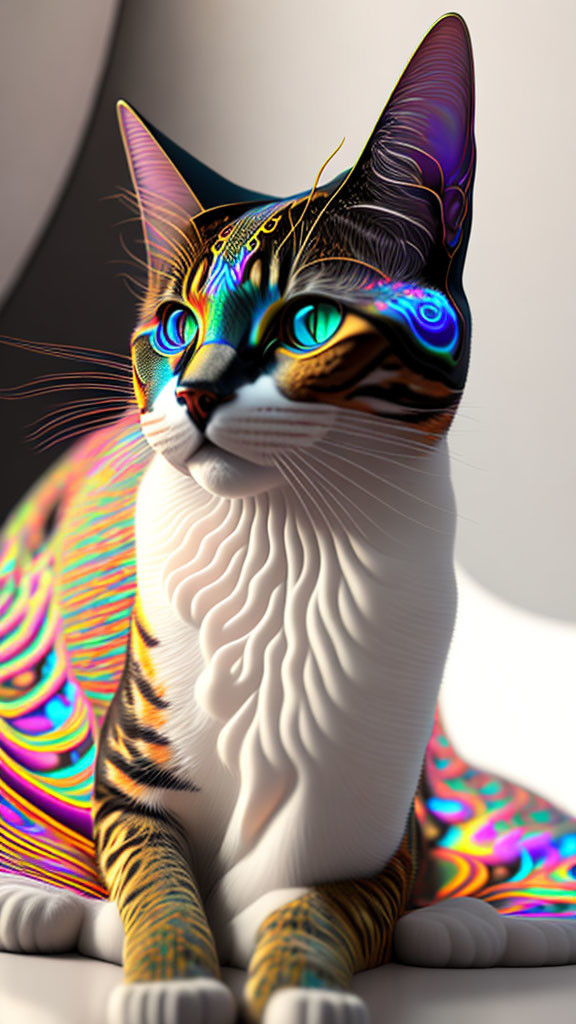 Colorful Psychedelic Pattern Overlay on Cat's Fur Artwork