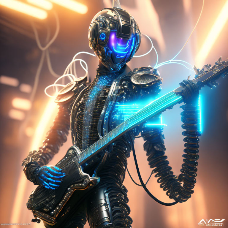 Intricate futuristic robot playing electric guitar with dynamic lighting