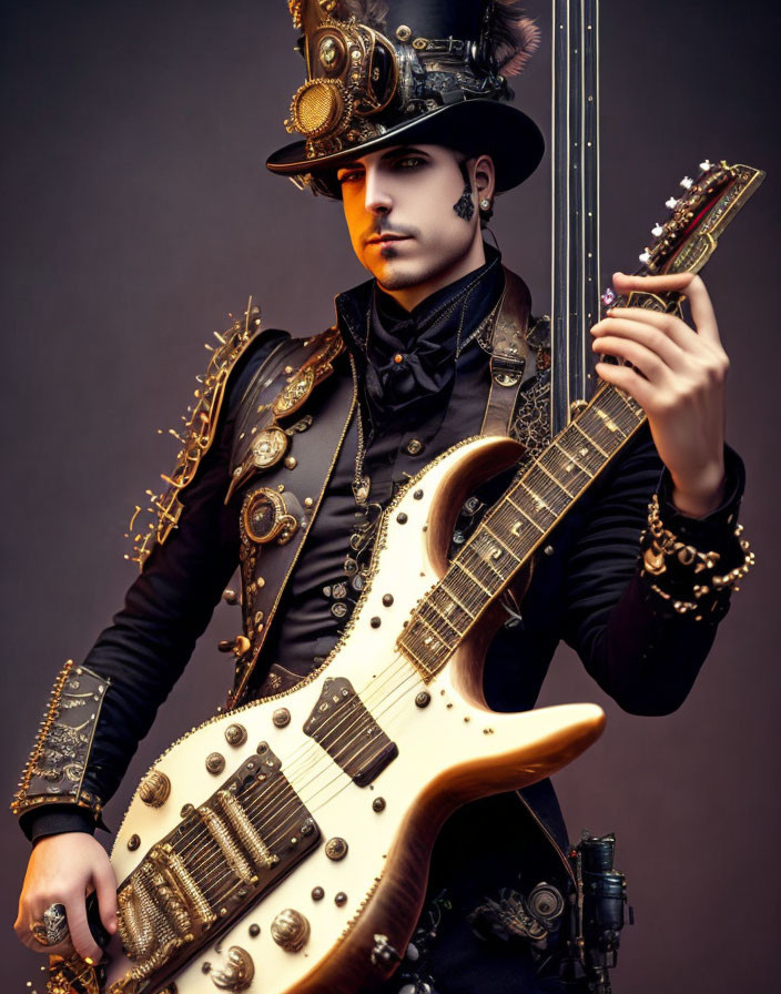 Steampunk-themed person with mechanical guitar on brown background