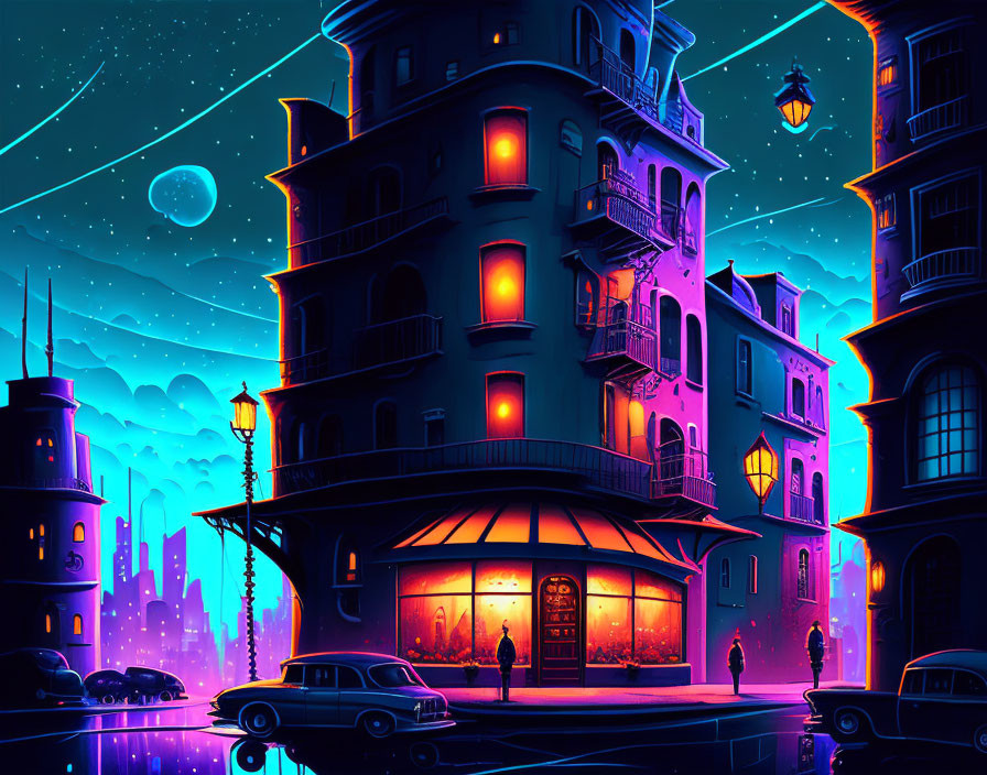 Vibrant neon-lit cityscape with vintage cars and silhouetted figures