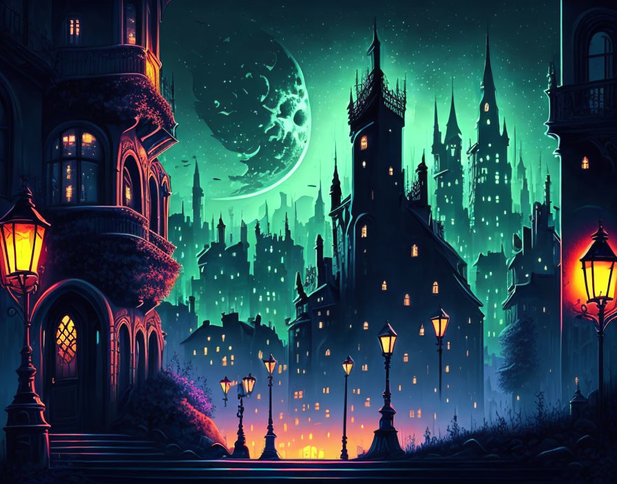 Fantastical cityscape with castle spires under moonlight