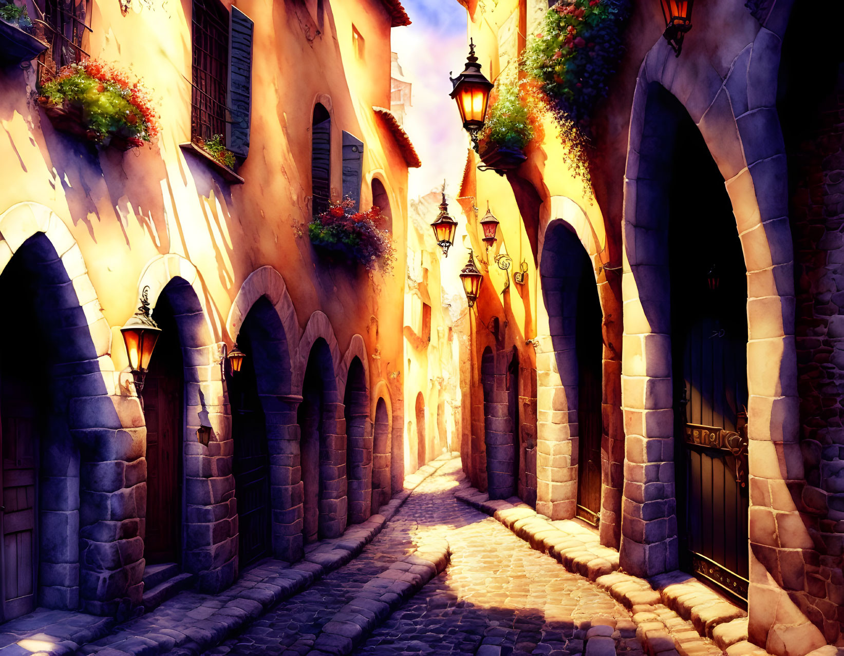 Charming cobblestone alley with warm-hued buildings and blooming flower boxes