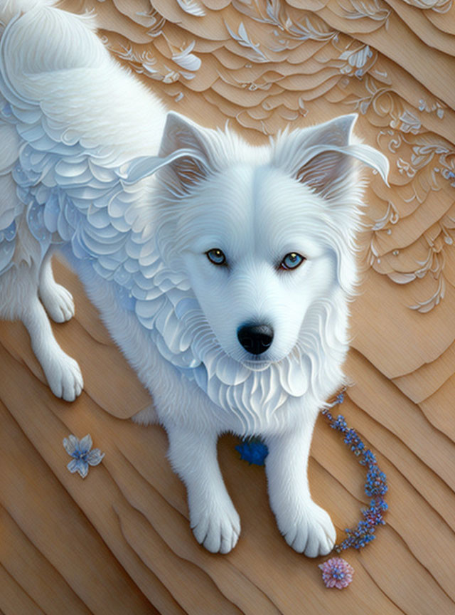 White Winged Dog Surrounded by Wood Textures and Blue Flowers