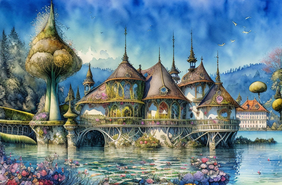 Colorful illustration: Waterside mansion in fairy-tale setting surrounded by lush flora, bridges, and