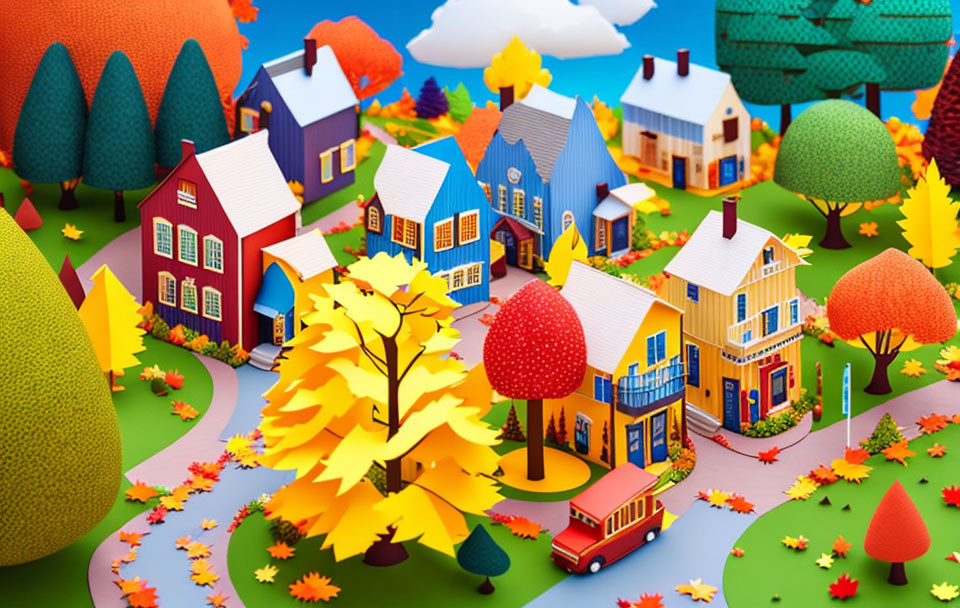 Vibrant village scene with autumn trees and school bus